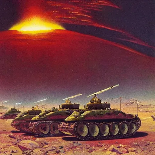 Prompt: tank battalion in the acid plains of mars, 1 9 5 0 s vintage sci - fi art, by bruce pennington