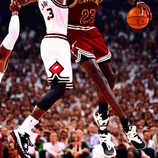 Image similar to professional nba photograph of lebron james dunking on michael jordan, award - winning photograph, highly detailed, dramatic posing, 8 k quality, high quality