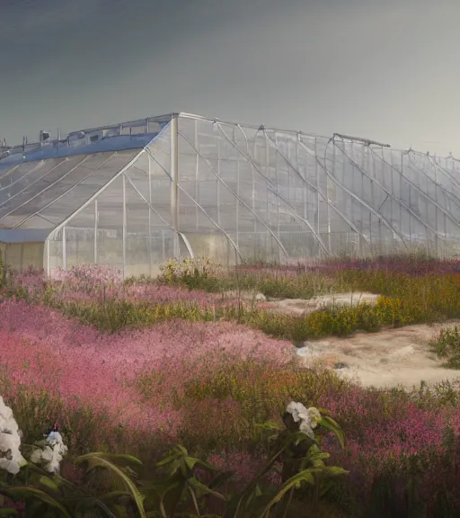 Image similar to a matte painting of a white biroremediation architecture, greenhouse in the mining tailings in the desert, prairie, cottage town, foggy, patchy flowers, oil painting, pale colors, high detail, 8 k, wide angle, trending on artstation, behance