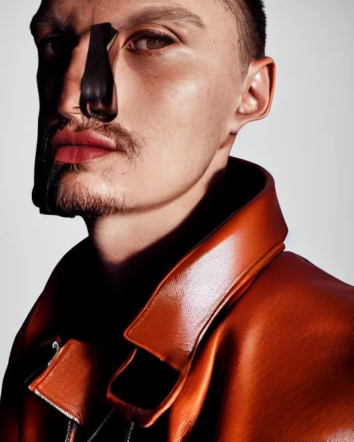 Prompt: a 5 0 mm award - winning photo of a a thick plain cropped extremely baggy pirate designer menswear leather jacket with an oversized collar designed by alexander mcqueen, 4 k, studio lighting, wide angle lens