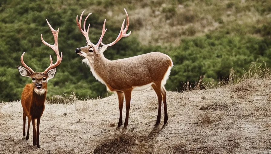 Prompt: a yound deer wearing a white shirt and sunglasses, national geographic, our planet