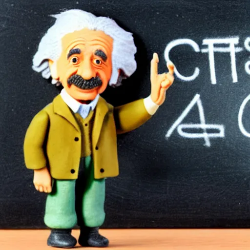 Prompt: claymation miniature scene of albert einstein pointing standing in front of miniature blackboard with lots of mathematical formulas chalked on, anatomically correct hands