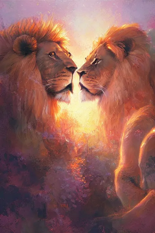 Image similar to spiritual twin flame lion art, pink sunset hue, highly detailed, oil painting hue, by craig mullins