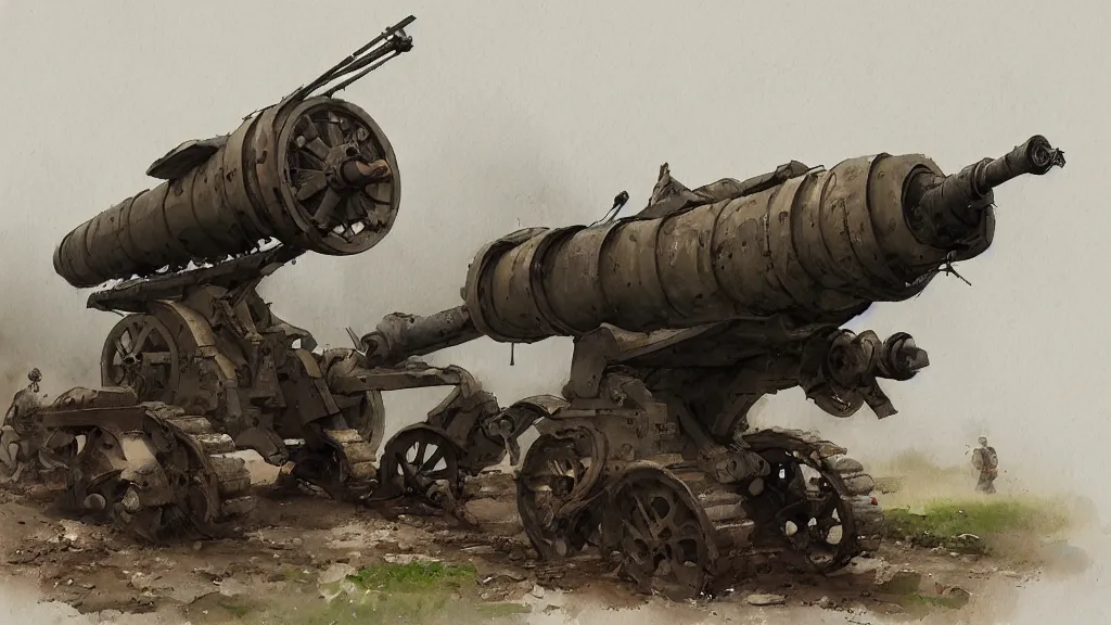 Prompt: big bertha artillery howitzer from world war i, watercolored, jakub rozalski, dark colours, dieselpunk, artstation