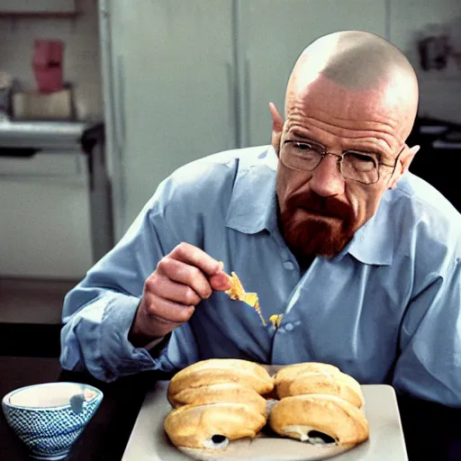 Image similar to walter white eating bagels, photography,