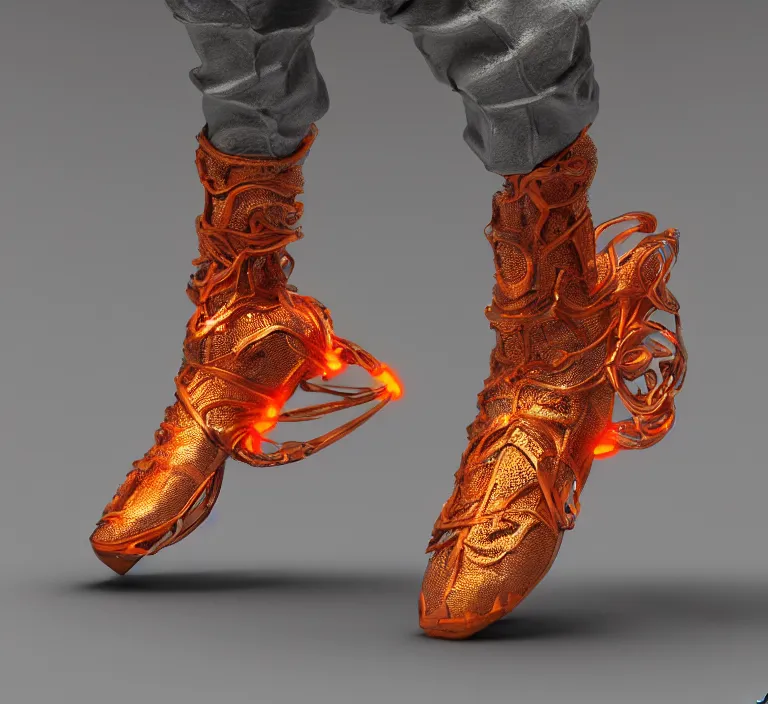 Image similar to realistic 8 k sculpture of one futuristic sneaker with neon illuminated rubber soles and soft orange laces on a grey surface, clean 3 d render, beautiful studio lighting, soft, sharp focus, cyberpunk, intricate detail, gold and red filigree, soft rubber, octane render, trending on artstation, deviantart, art by iris van herpen and syd mead and mullins