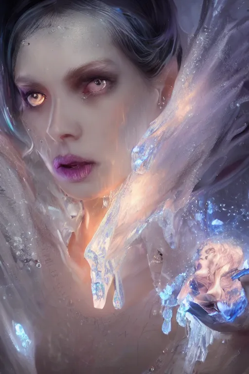Prompt: face closeup covered with ice of extremely beautiful girl necromancer, magical fairy ice and ice velvet, diamonds, jewels, angels, 3 d render, hyper - realistic detailed portrait, holding fire and electricity rainbow, ruan jia, wlop. scifi, fantasy, magic the gathering, hyper detailed, octane render, concept art, peter mohrbacher