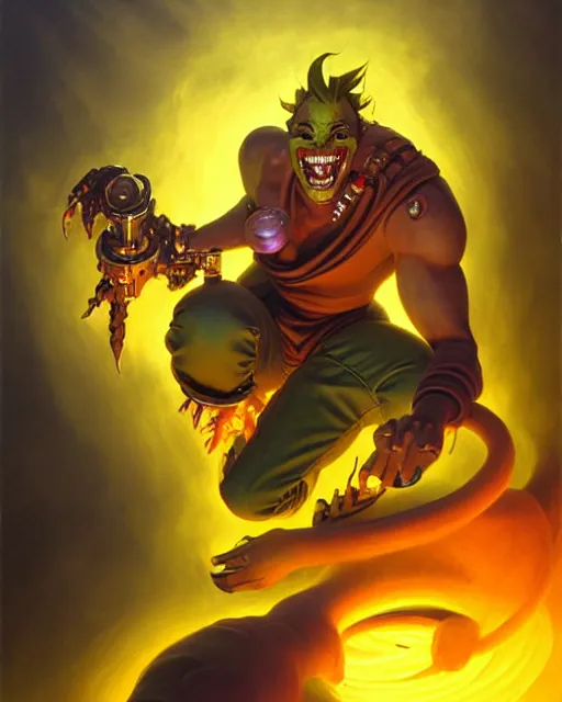 Prompt: junkrat from overwatch, character portrait, portrait, fantasy art, sci - fi art, radiant light, caustics, by boris vallejo