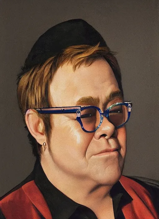 Prompt: portrait of elton john in a golden hour lighting, painted by the caravaggio, 8 k extremely realistic and highly detailed