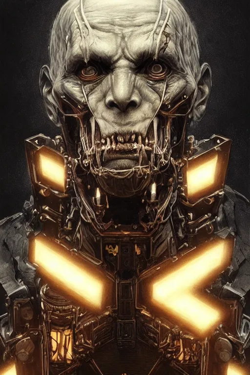 Image similar to portrait of a old vampire robot, intricate wrinkles, dystopian sci-fi, terrorpunk, sharp black fangs, night light, extremely detailed, digital painting, candles, sculpted in zbrush, artstation, concept art, smooth, sharp focus, illustration, chiaroscuro lighting, golden ratio, incredible art by Stanley Artgerm Lau and Greg Rutkowski, composition by Alphonse Mucha and Simon Stalenhag