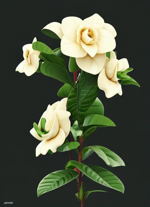 Image similar to an isolated gardenia plant, full view, centered, 3 d render, art nouveau dark outlines, ultra realistic, masked transparent flat background, popular on sketchfab, pixelsquid, 8 k, volumetric lighting, super focused, no blur, trending on artstation, octane render, ultra detailed, hyperrealistic, by artgerm and greg rutkowski and alphonse mucha