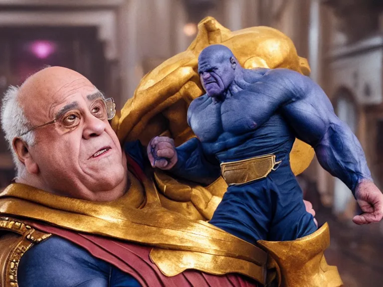 Prompt: danny devito as thanos, holding up an egg, cinematic, anamorphic, dramatic, 4 0 mm f / 2. 8