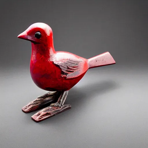 Image similar to a small cast iron bird with weapons and armor, ruby eyes, cast iron, folk art display, museum display, photography, studio lighting, 8k