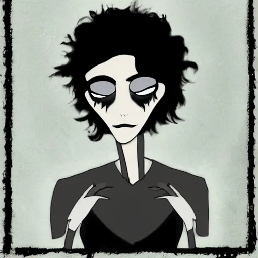 Image similar to young man portrait, black hair, skinny, corpse bride art style