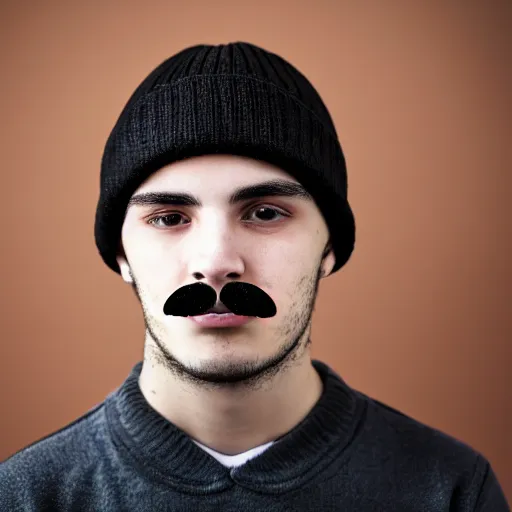 Image similar to a portrait of a 19 year old italian man. he has a mustache, and a beanie on.