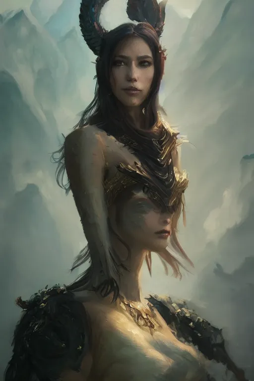 Image similar to a fancy portrait of an attractive women that is half dragon by Greg Rutkowski, Sung Choi, Mitchell Mohrhauser, Maciej Kuciara, Johnson Ting, Maxim Verehin, Peter Konig, final fantasy , mythical, 8k photorealistic, cinematic lighting, HD, high details, atmospheric,