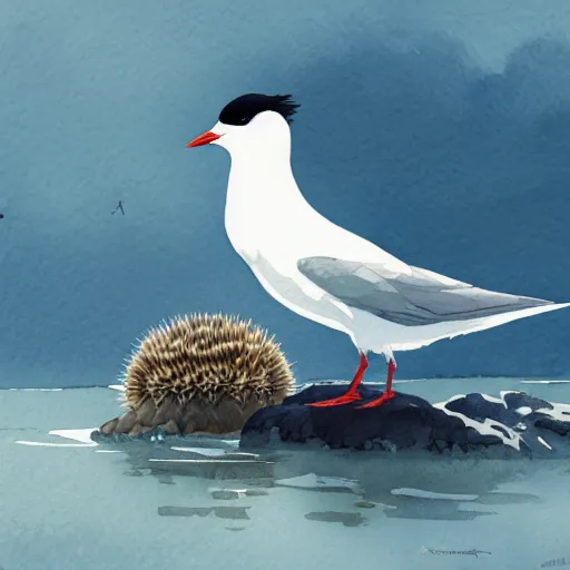 Prompt: An arctic tern holding a sea urchin, watercolor, illustration, storybook, Artstation, Ghibli, art by greg rutkowski and alphonse mucha