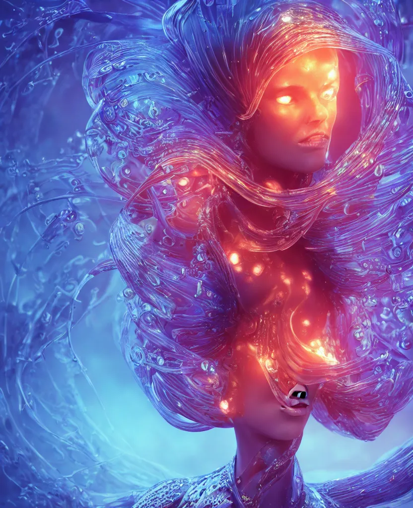 Image similar to close-up macro portrait of the face of a beautiful princess, epic angle and pose, symmetrical artwork, 3d with depth of field, blurred background, cybernetic jellyfish female face skull phoenix bird, translucent, nautilus, energy flows of water and fire. a highly detailed epic cinematic concept art CG render. made in Maya, Blender and Photoshop, octane render, excellent composition, cinematic dystopian brutalist atmosphere, dynamic dramatic cinematic lighting, aesthetic, very inspirational, arthouse. y Greg Rutkowski, Ilya Kuvshinov, WLOP, Stanley Artgerm Lau, Ruan Jia and Fenghua Zhong