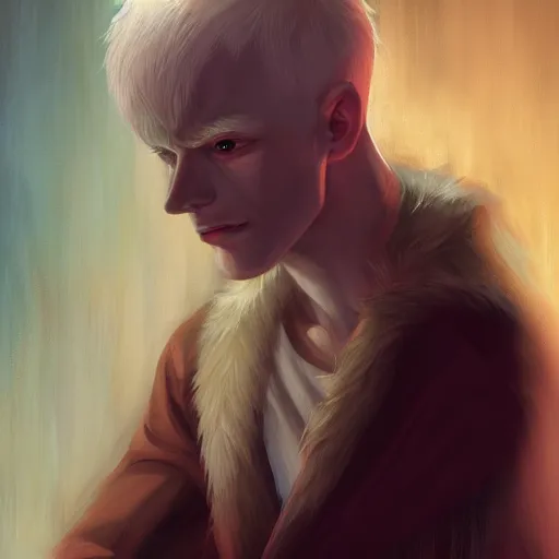 Prompt: beautiful aesthetic portrait commission of an albino male furry anthro looking in the mirror, detailed face , hyperdetailed, dark atmosphere. Character design by charlie bowater, ross tran, artgerm, and makoto shinkai, detailed, inked, western comic book art, 2022 award winning painting