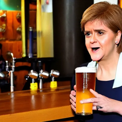 Prompt: Nicola Sturgeon drinking a pint of beer