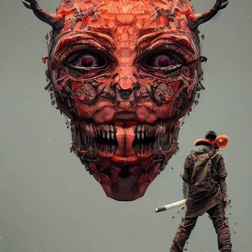 Image similar to Very very very very highly detailed epic central composition photo of demonic face with baseball mask, intricate, dystopian, sci-fi, extremely detailed, digital painting, artstation, concept art, smooth, sharp focus, illustration, intimidating lighting, incredible art by Anna Dittmann, Octane render in Maya and Houdini