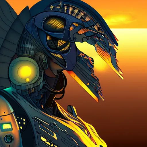 Image similar to portrait of a handsome cybernetic anthropomorphic western dragon, cyberpunk background, sunset, digital art