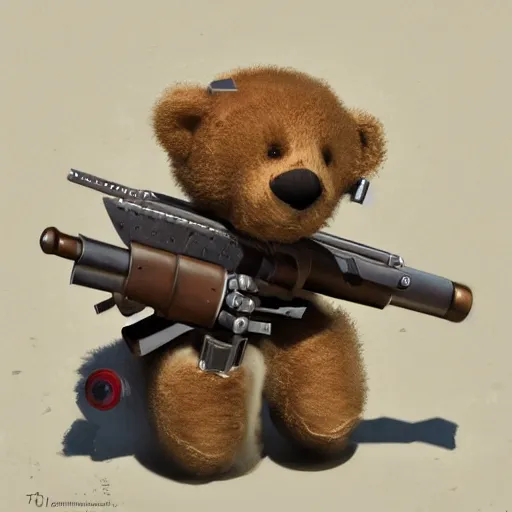 Image similar to A teddy bear holding a rocket launcher. Trending on Artstation. Highly detailed