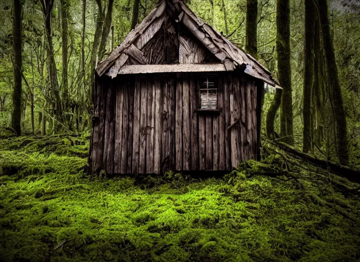 Image similar to a creepy wooden shack in the middle of a forest, dark, shadows, moss, rotting wood, cinimatic, scary