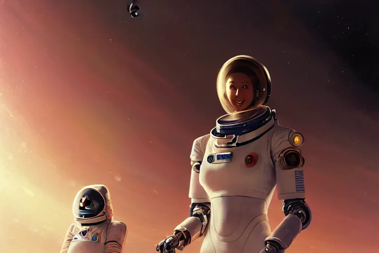 Image similar to female astronaut on mars, baroque oil painting, finely detailed, anime shinkai takeuchi key visual of character concept art metal female robot body suit pixiv fanbox, painted by greg rutkowski