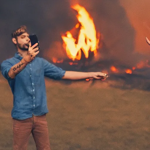 Prompt: a selfie of a guy making a peace sign while standing in a fire
