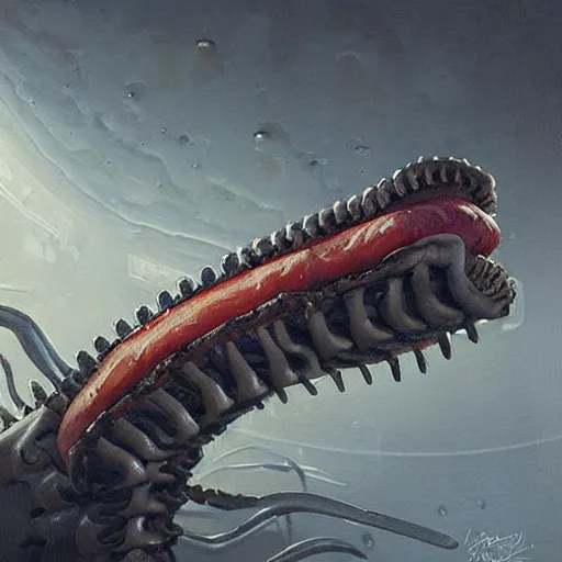 Image similar to hyper realistic hamburger as a xenomorph, painted by greg rutkowski