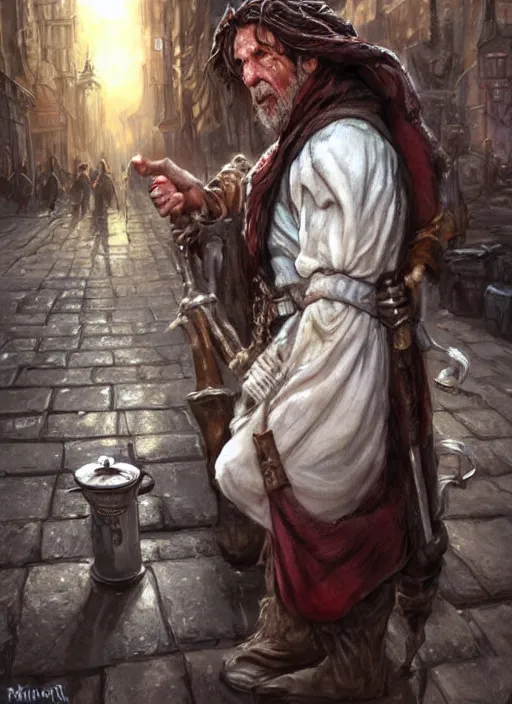 Image similar to poor beggar on the streets, bright, white, ultra detailed fantasy, dndbeyond, bright, colourful, realistic, dnd character portrait, full body, pathfinder, pinterest, art by ralph horsley, dnd, rpg, lotr game design fanart by concept art, behance hd, artstation, deviantart, hdr render in unreal engine 5