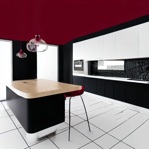 Prompt: photo of black, matte kitchen fronts surfaces and furniture, dark red walls at the back, white floor tiles on the ground, architecture, concept art