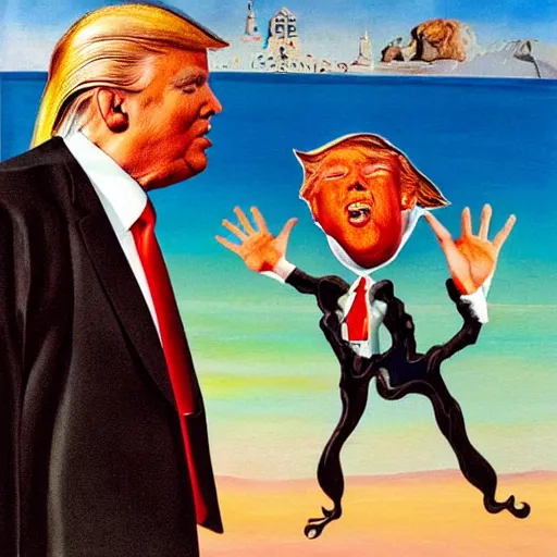 Prompt: tiny person is laughing and pointing at donald trump in a swimsuit.. painting by salvador dali.