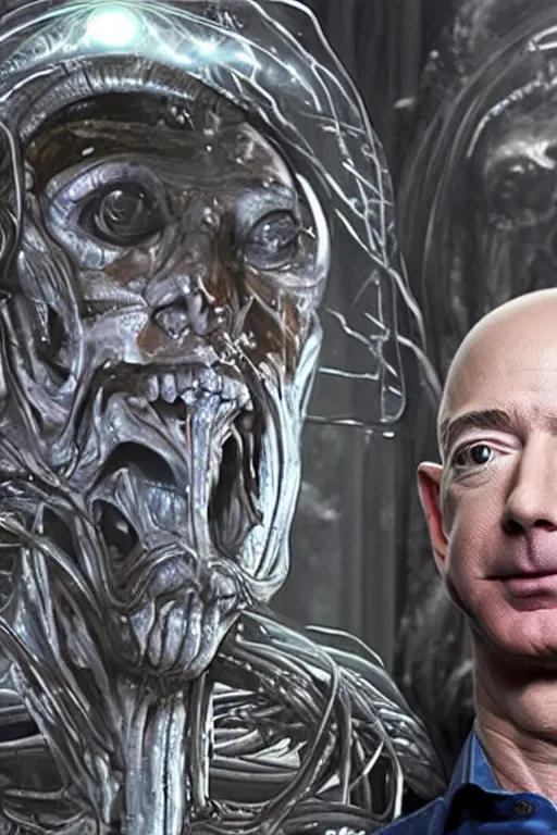 Image similar to jeff bezos as a filthy alien invader with a laser weapon from a pulp movie, photorealistic, cinematic lighting, highly detailed, very intricate, by hr giger