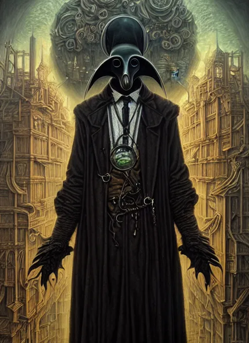 Image similar to portrait of plague doctor, hyper detailed masterpiece, dystopian background, jean giraud, digital art painting, darkwave goth aesthetic, lovecraftian, artgerm, donato giancola and tom bagshaw