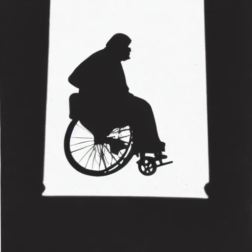 Prompt: sillouette of robert wyatt in a wheelchair flying against the moon at night,