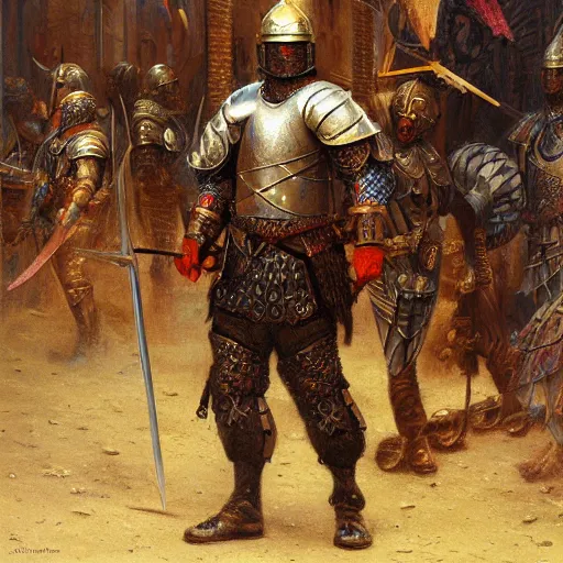 Prompt: persian knight standing with his weapons drawn, face is coved in a shadow, highly detailed painting by donato giancola and bayard wu, 8 k, digital art