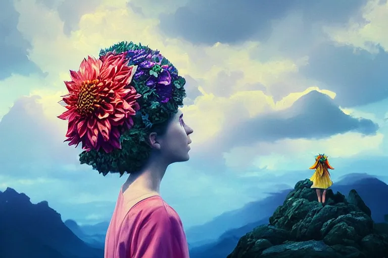 Image similar to giant dahlia flower crown under head, bust girl on mountain, surreal photography, blue storm clouds, dramatic light, impressionist painting, digital painting, artstation, simon stalenhag