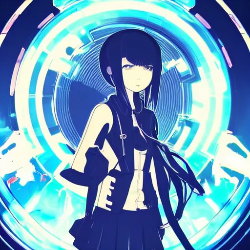 Image similar to Frequency indie album cover, luxury advertisement, blue filter, blue and black colors. Clean and detailed post-cyberpunk sci-fi close-up schoolgirl in asian city in style of cytus and deemo, blue flame, mysterious vibes, by Tsutomu Nihei, by Yoshitoshi ABe, by Ilya Kuvshinov, by Greg Tocchini, nier:automata, set in half-life 2, GITS, Blade Runner, Neotokyo Source, Syndicate(2012), beautiful with eerie vibes, very inspirational, very stylish, with gradients, surrealistic, dystopia, postapocalyptic vibes, depth of field, mist, rich cinematic atmosphere, perfect digital art, mystical journey in strange world, beautiful dramatic dark moody tones and studio lighting, shadows, bastion game, arthouse