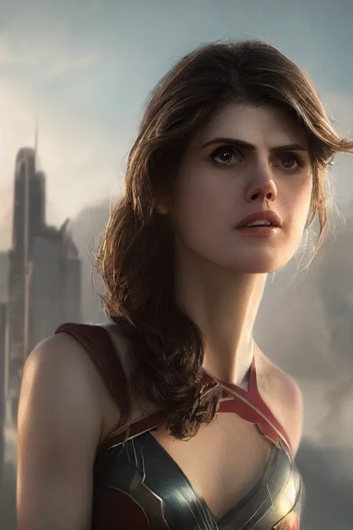 Prompt: a fancy close up of Man of Steel cast as Alexandra Daddario by Greg Rutkowski, Sung Choi, Mitchell Mohrhauser, Maciej Kuciara, Johnson Ting, Maxim Verehin, Peter Konig, 8k photorealistic, cinematic lighting, HD, high details, dramatic, trending on artstation, full body shot