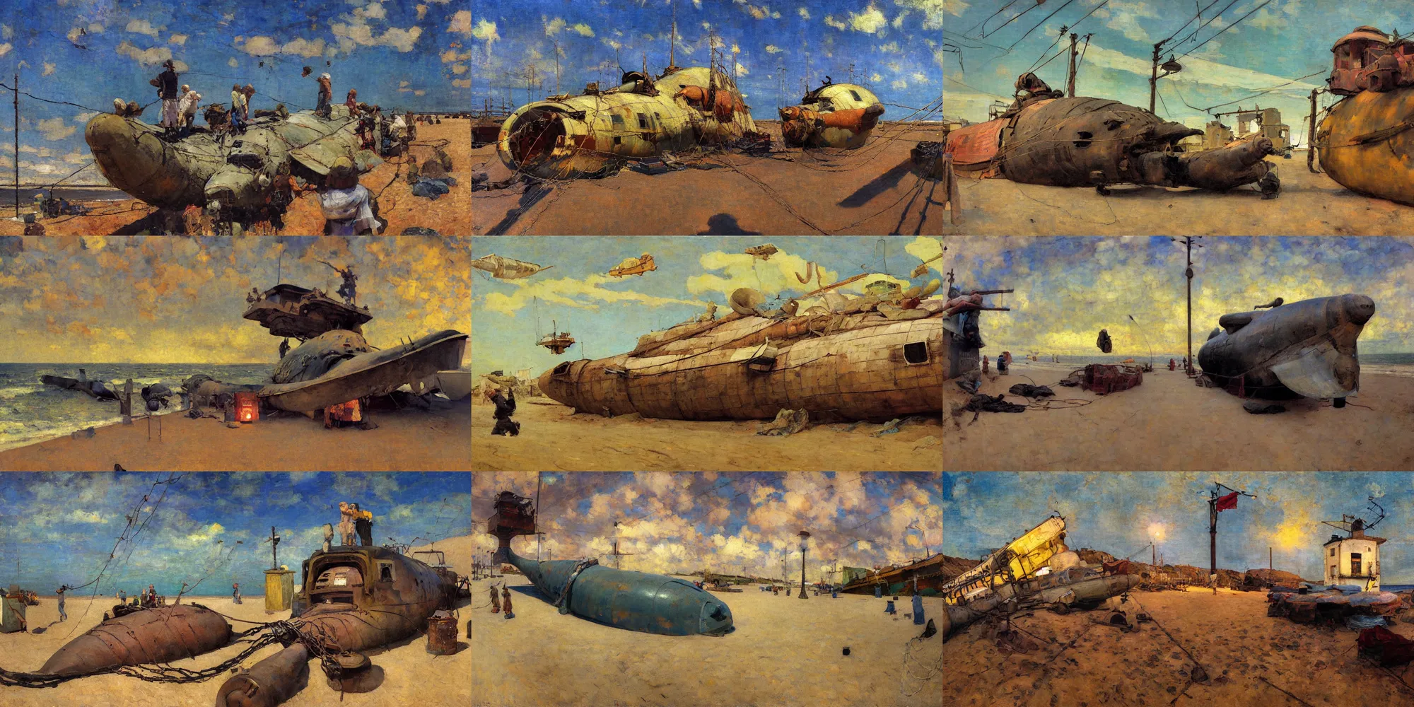 Prompt: looking up, painting by dean cornwell, ilya repin, nc wyeth painting, ultra wide, vanishing point, 3 d perspective, beached submarine, award winning, up close, climbing, beaching, rust, golden hour, junk town, lanterns, makeshift house, catanary wire, festoon lights, telephone pole