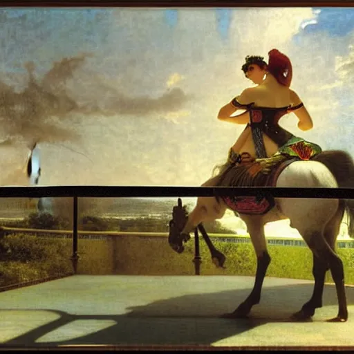 Prompt: Girl riding a horse leaving the palace through the bridge, thunderstorm, pool, beach and palm trees on the background major arcana sky, by paul delaroche, alphonse mucha and arnold böcklin arnold böcklin hyperrealistic 8k, very detailed