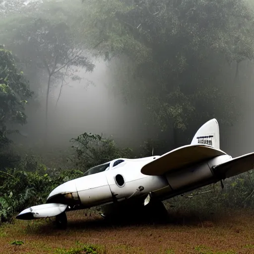 Image similar to beechcraft type 1 8 crash landed in a misty foggy jungle,