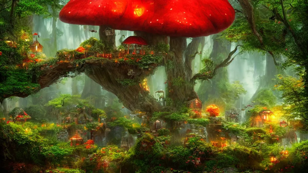 Prompt: fantasy red toadstool cottage suspended in the air, like in Avatar movie, foggy atmosphere, volumetric lighting, fantasy artwork, very beautiful scenery, very realistic, hd, hdr, cinematic 4k wallpaper, 8k, ultra detailed, high resolution