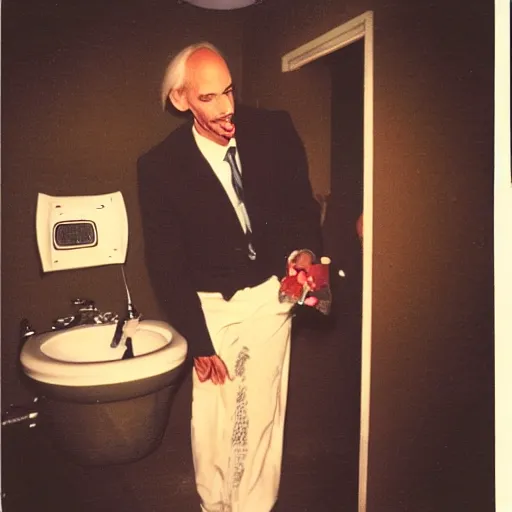 Prompt: polaroid of john waters reaching his hand out to touch a toilet seat in heaven's restroom, very detailed, funny, with water damage