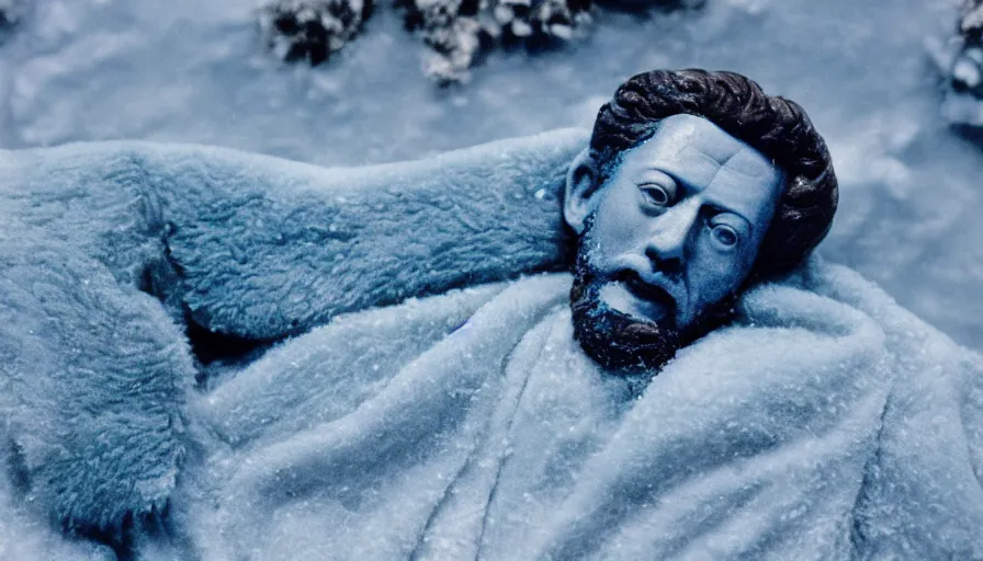 Image similar to 1 9 6 0 s movie still close up of marcus aurelius frozen to death in a blue cape with fur in a river with gravel, pine forests, cinestill 8 0 0 t 3 5 mm, high quality, heavy grain, high detail, texture, dramatic light, anamorphic, hyperrealistic, detailed hair