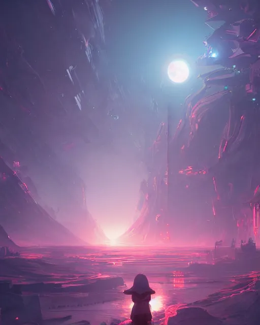 Prompt: beautiful landscape, nier automata, protoss temple!!!, machine planet, pink sun, colorful light, advanced technology, cinematic lighting, highly detailed, masterpiece, art by bastien grivet and darwin cellis and jan urschel