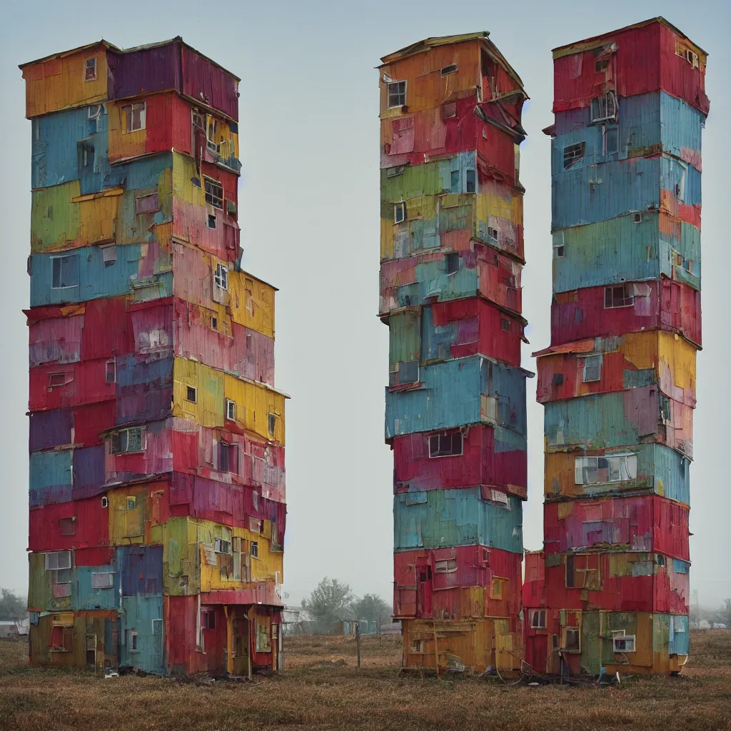 Image similar to two colourful towers, made up of stacked makeshift squatter shacks, bleached colours, plain uniform sky at the back, misty, mamiya, f 1. 8, ultra sharp, very detailed, photographed by julie blackmon