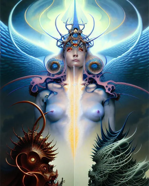 Image similar to the armies of heaven and hell, fantasy character portrait made of fractals facing each other, ultra realistic, wide angle, intricate details, the fifth element artifacts, highly detailed by peter mohrbacher, hajime sorayama, wayne barlowe, boris vallejo, aaron horkey, gaston bussiere, craig mullins